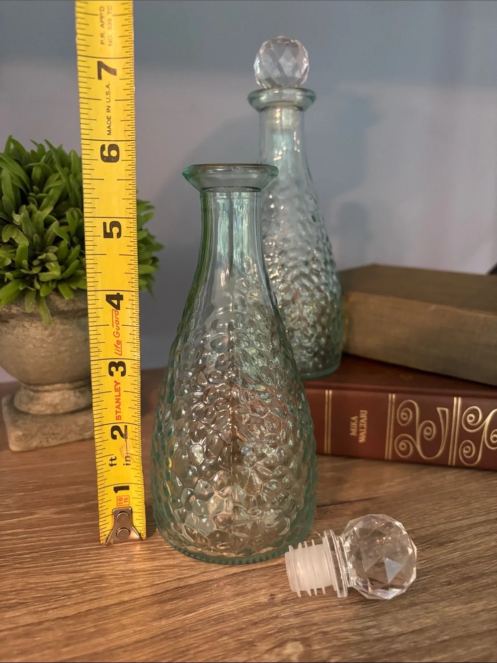Glass Textured Decanter Bottle with Faceted Stopper - Aqua